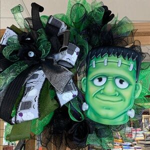 Frankenstein Halloween Wreath with Green and Black Accents